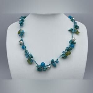 Howlite Pearl Peridot Quartz Beaded Necklace Artisan Made sterling silver blue